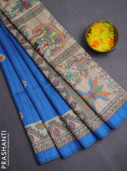 Semi tussar saree blue and cream with butta prints and madhubani printed pallu & border