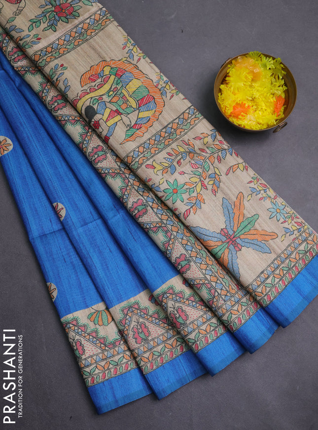 Semi tussar saree blue and cream with butta prints and madhubani printed pallu & border