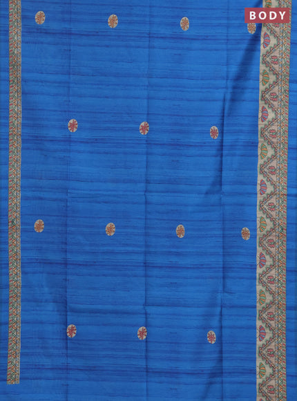 Semi tussar saree blue and cream with butta prints and madhubani printed pallu & border