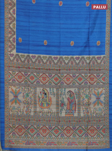 Semi tussar saree blue and cream with butta prints and madhubani printed pallu & border