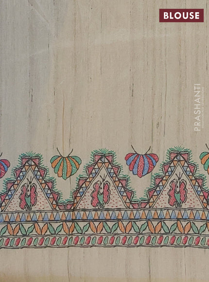 Semi tussar saree blue and cream with butta prints and madhubani printed pallu & border