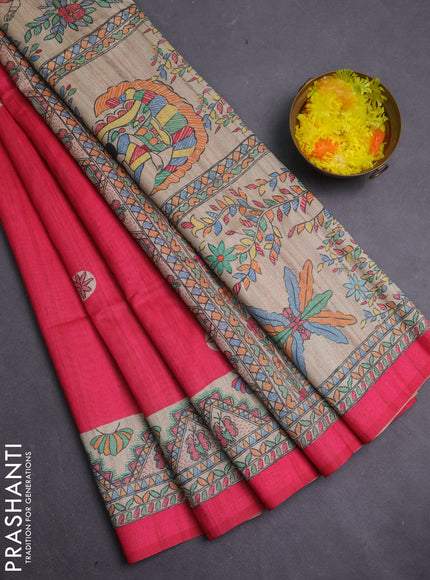 Semi tussar saree pink and cream with butta prints and madhubani printed pallu & border