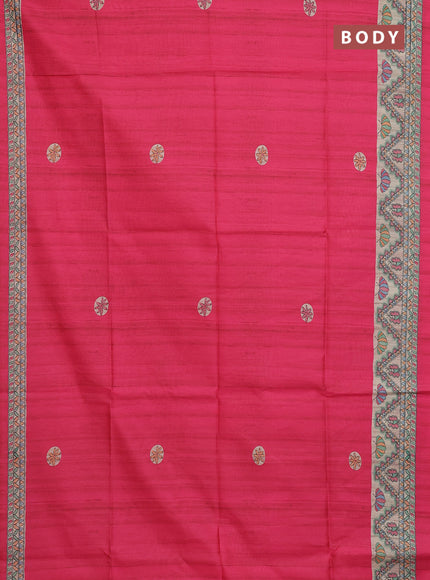 Semi tussar saree pink and cream with butta prints and madhubani printed pallu & border