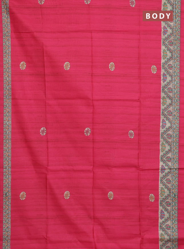 Semi tussar saree pink and cream with butta prints and madhubani printed pallu & border