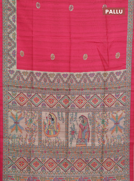 Semi tussar saree pink and cream with butta prints and madhubani printed pallu & border