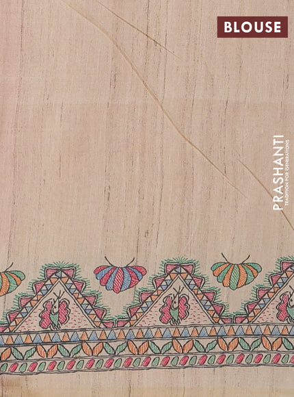 Semi tussar saree pink and cream with butta prints and madhubani printed pallu & border