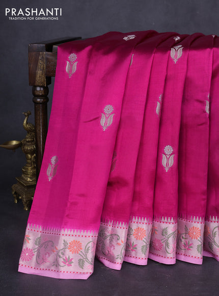 Banarasi poona silk saree magenta pink and light pink with zari woven buttas and thread & zari woven border