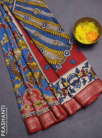 Kalamkari semi silk saree blue and rust shade with allover prints and mangalgiri border