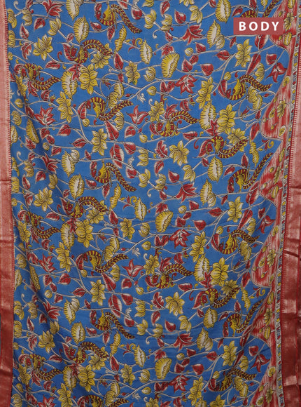 Kalamkari semi silk saree blue and rust shade with allover prints and mangalgiri border