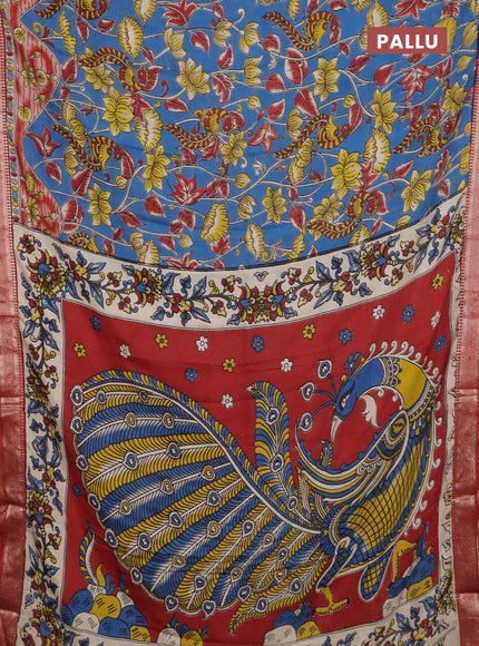Kalamkari semi silk saree blue and rust shade with allover prints and mangalgiri border