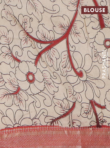 Kalamkari semi silk saree blue and rust shade with allover prints and mangalgiri border