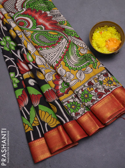 Kalamkari semi silk saree black and rust shade with allover prints and mangalgiri border