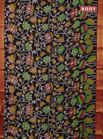 Kalamkari semi silk saree black and rust shade with allover prints and mangalgiri border