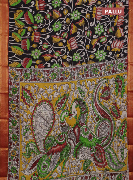 Kalamkari semi silk saree black and rust shade with allover prints and mangalgiri border