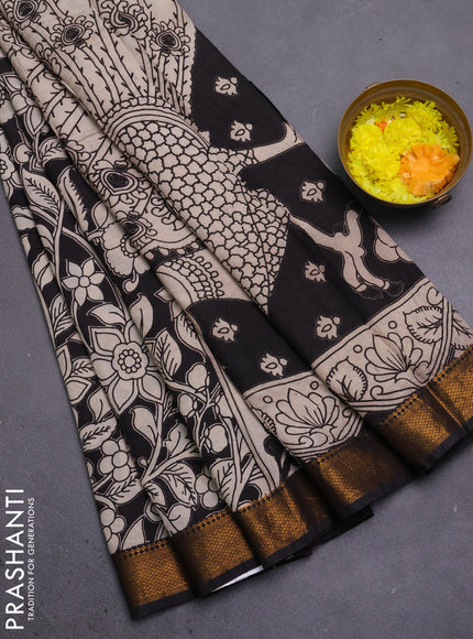 Kalamkari semi silk saree beige and black with allover prints and mangalgiri border