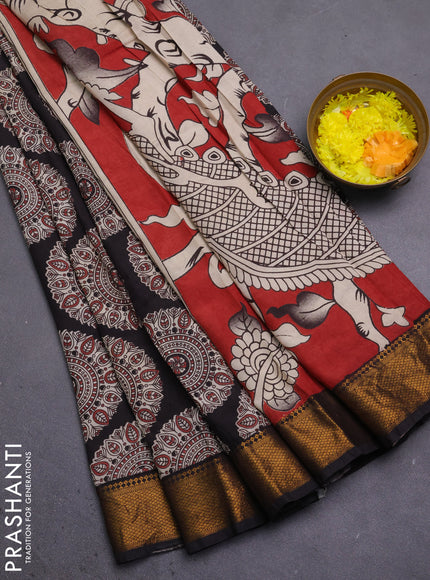 Kalamkari semi silk saree black with allover prints and mangalgiri border