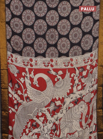 Kalamkari semi silk saree black with allover prints and mangalgiri border