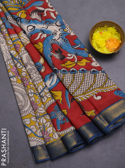 Kalamkari semi silk saree yellow and peacock blue with allover prints and mangalgiri border