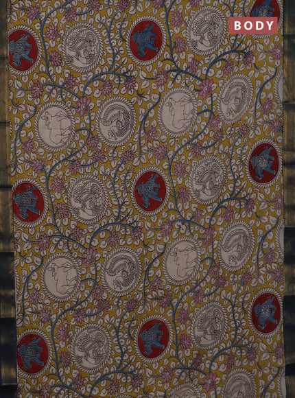 Kalamkari semi silk saree yellow and peacock blue with allover prints and mangalgiri border