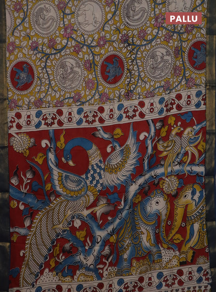 Kalamkari semi silk saree yellow and peacock blue with allover prints and mangalgiri border