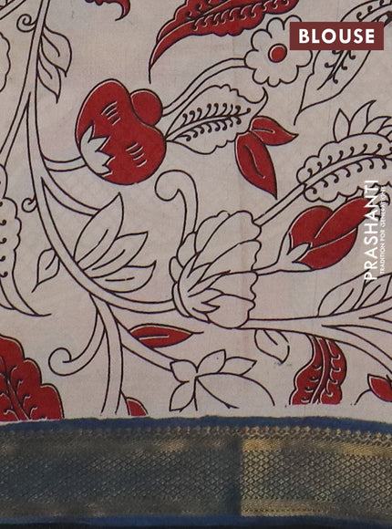 Kalamkari semi silk saree yellow and peacock blue with allover prints and mangalgiri border