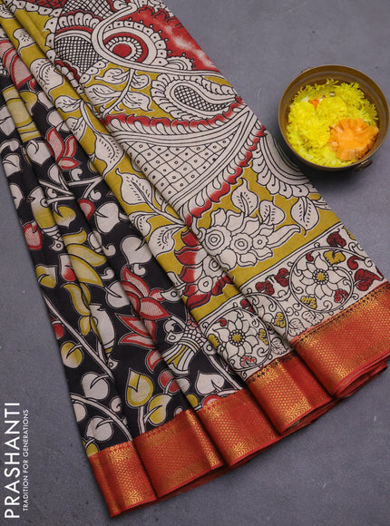 Kalamkari semi silk saree black and rust shade with allover prints and mangalgiri border