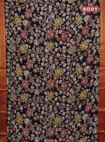 Kalamkari semi silk saree black and rust shade with allover prints and mangalgiri border