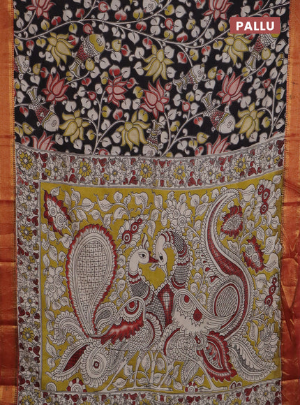 Kalamkari semi silk saree black and rust shade with allover prints and mangalgiri border