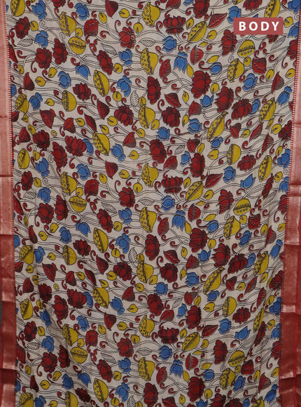 Kalamkari semi silk saree beige and rust shade with allover prints and mangalgiri border