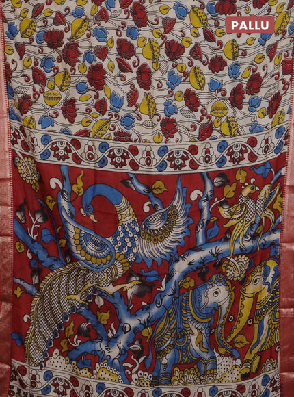 Kalamkari semi silk saree beige and rust shade with allover prints and mangalgiri border