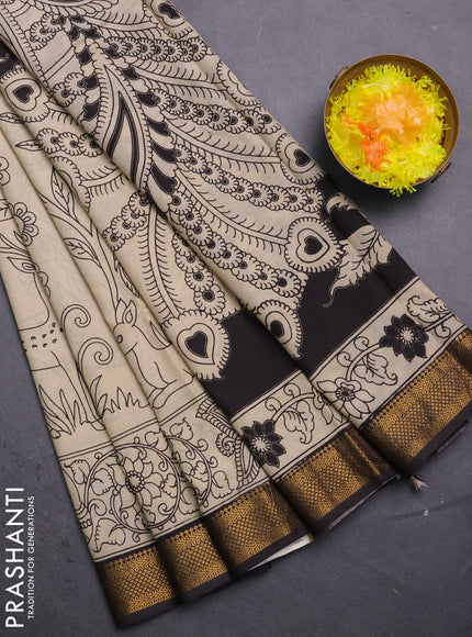 Kalamkari semi silk saree beige and black with allover prints and mangalgiri border