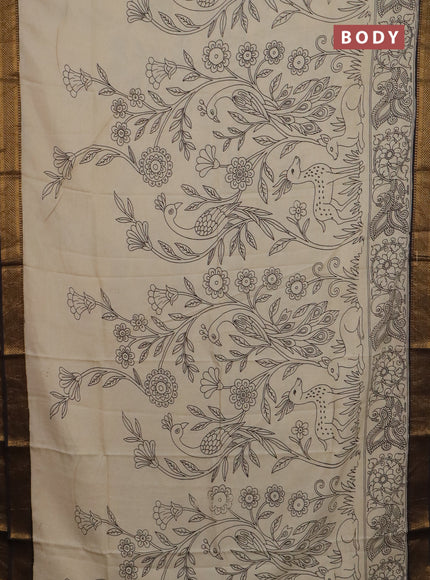 Kalamkari semi silk saree beige and black with allover prints and mangalgiri border