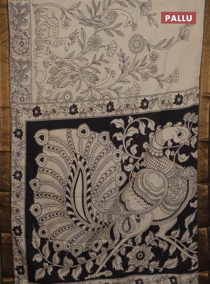 Kalamkari semi silk saree beige and black with allover prints and mangalgiri border
