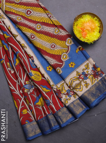 Kalamkari semi silk saree maroon and blue with allover prints and mangalgiri border