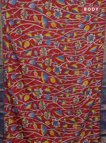 Kalamkari semi silk saree maroon and blue with allover prints and mangalgiri border