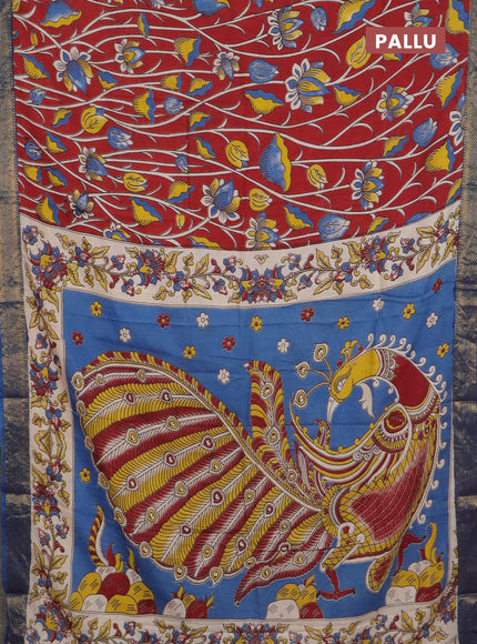 Kalamkari semi silk saree maroon and blue with allover prints and mangalgiri border