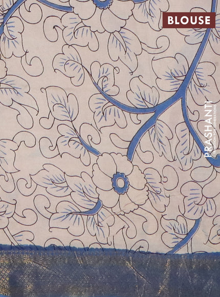 Kalamkari semi silk saree maroon and blue with allover prints and mangalgiri border