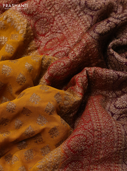 Banarasi georgette saree mustard yelllow and wine shade with allover thread & zari woven leheriya pattern and woven border