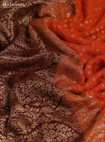Banarasi georgette saree orange and deep maroon with allover thread & zari woven buttas and long woven border