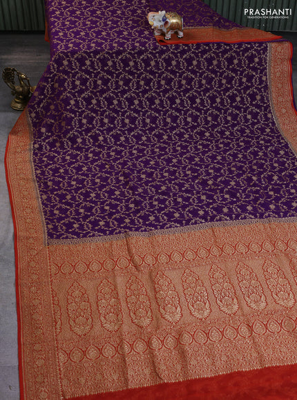 Banarasi georgette saree purple and orange with allover thread & zari weaves and woven border