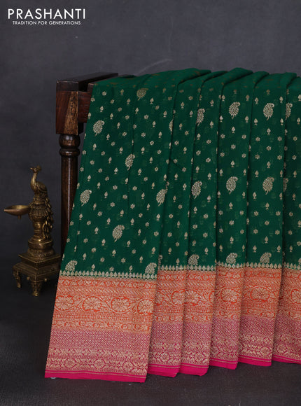 Banarasi georgette saree green and orange pink with allover thread & zari woven buttas and woven border