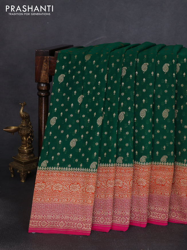 Banarasi georgette saree green and orange pink with allover thread & zari woven buttas and woven border