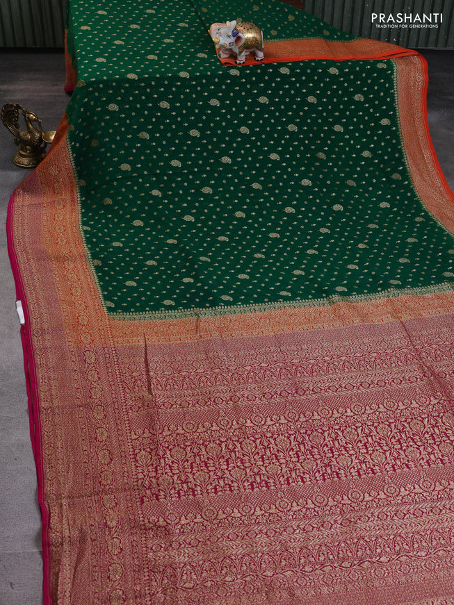 Banarasi georgette saree green and orange pink with allover thread & zari woven buttas and woven border