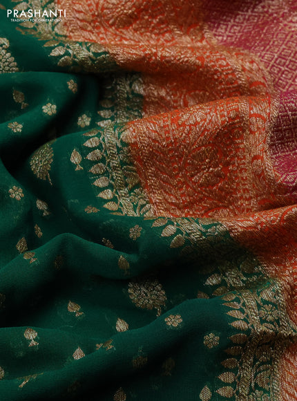 Banarasi georgette saree green and orange pink with allover thread & zari woven buttas and woven border