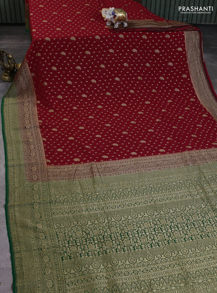 Banarasi georgette saree red and green with allover thread & zari woven buttas and long woven border