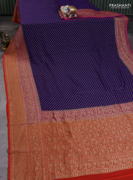Banarasi georgette saree blue and pink orange with allover thread & zari woven leheriya pattern and long woven border