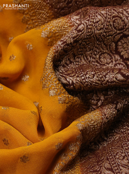 Banarasi georgette saree mustard yellow and brown with allover thread & zari woven buttas and woven border