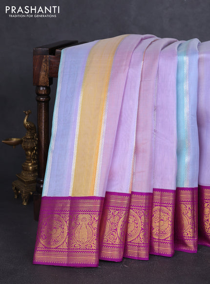 Kora kanchipuram silk saree multi colour and purple with allover silver zari weaves and zari woven korvai border