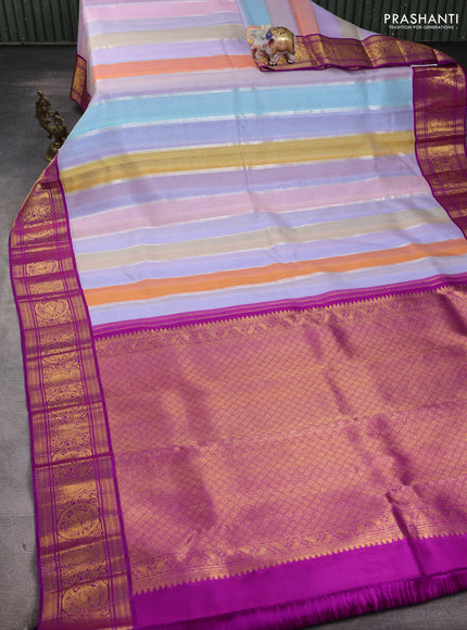 Kora kanchipuram silk saree multi colour and purple with allover silver zari weaves and zari woven korvai border