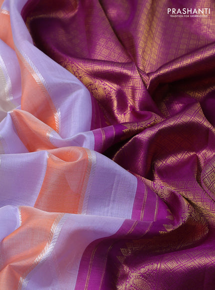 Kora kanchipuram silk saree multi colour and purple with allover silver zari weaves and zari woven korvai border
